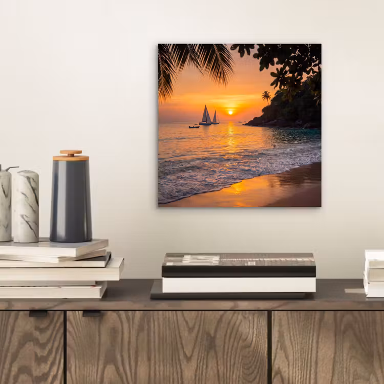 Aluminium schilderij - Zee - Zonsondergang - Boot - Natuur - Oranje — 2