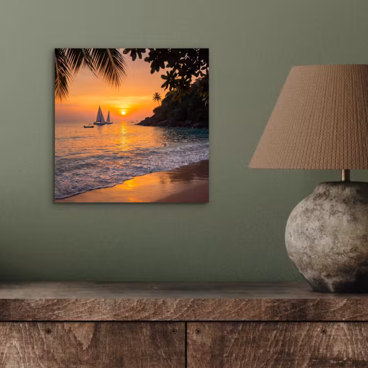 Aluminium schilderij - Zee - Zonsondergang - Boot - Natuur - Oranje — 4