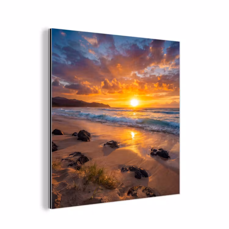 Aluminium schilderij - Strand - Zonsondergang - Golven - Natuur - Oranje — 1