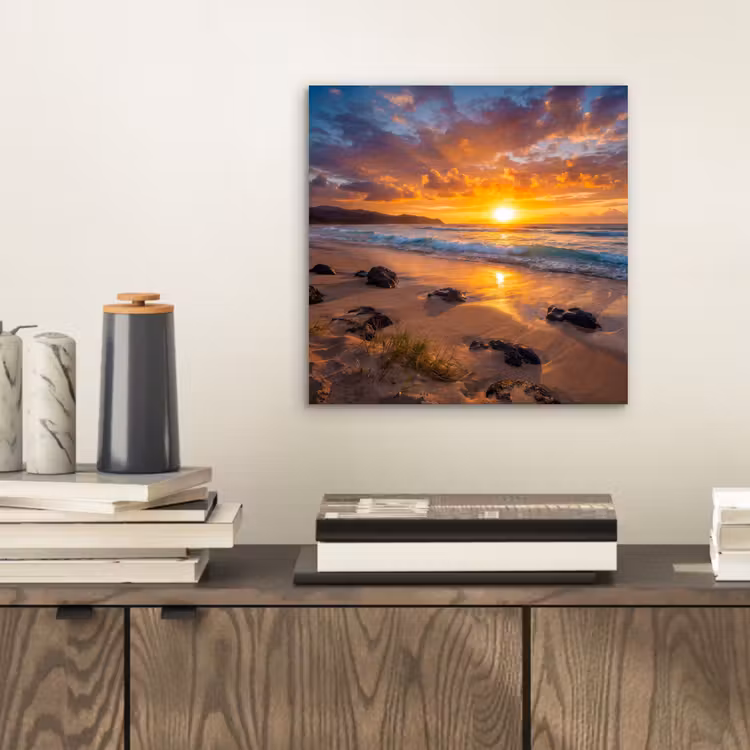 Aluminium schilderij - Strand - Zonsondergang - Golven - Natuur - Oranje — 2