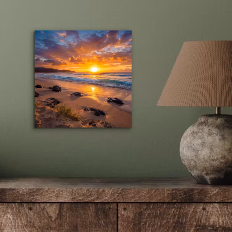 Aluminium schilderij - Strand - Zonsondergang - Golven - Natuur - Oranje — 4